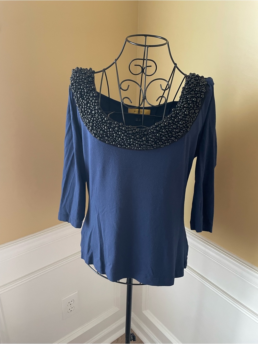 St. John Navy Beaded Scoop-Neck Three-Quarter Sleeve Top